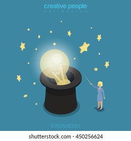 Flat isometric Businesswoman light up lamp in cylinder hat with magic wand vector illustration. Innovation in business 3d isometry concept.
