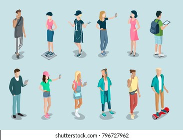 Flat isometric casual fashion stylish young people hipster characters vector icon set. 3d isometry concept. Young male and female, girl, guy, student with devises in modern youth trendy clothes