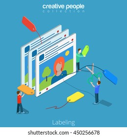 Flat isometric casual people tag photo on social media app interface screen vector illustration. Labeling, tagging 3d isometry internet technology concept.