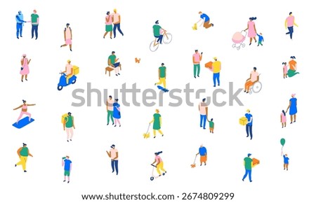 Flat isometric characters of city lifestyle: food delivery, yoga, cycling, walking, families, pets, children, social life, and modern urban crowd. Vector pack.