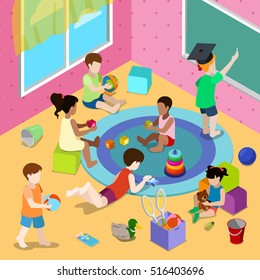 Flat isometric Children playing in playschool or day care center interior vector illustration. 3d isometry Early Development School concept.