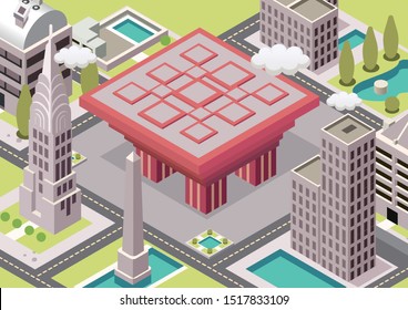 Flat isometric  China Expo Hall with roads and crossroads vector illustration.