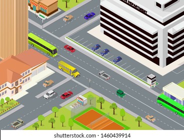 Flat isometric city megalopolis blocks with roads and crossroads illustration