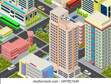 Flat isometric city megalopolis blocks with building, roads and crossroads illustrations