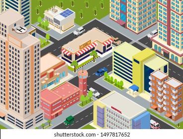 Flat isometric city megalopolis blocks with building, roads and crossroads illustrations