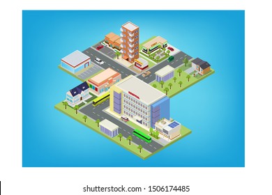 Flat isometric city megalopolis blocks with building, roads and crossroads illustrations