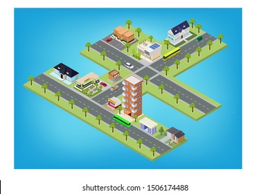 Flat isometric city megalopolis blocks with building, roads and crossroads illustrations
