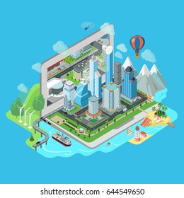 Flat Isometric City And Nature Landscapes On Laptop Vector Illustration. 3d Isometry Virtual World Model Concept.