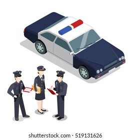 Flat Isometric City Policemen And Woman Writing Report Near Police Car Vector Illustration. 3d Isometry Municipal Profession, Law And Order Concept.