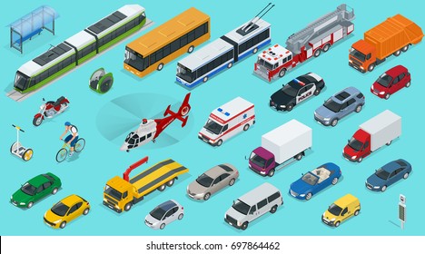 Flat isometric city transport icon set. Taxi, Ambulance, trolleybus, Police, safari travel, Bicycle, Mini, Subway train, Fire-truck, cargo-truck, bus, Electric car, scooter, Sedan