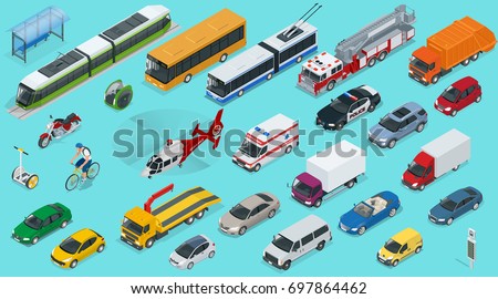 Flat isometric city transport icon set. Taxi, Ambulance, trolleybus, Police, safari travel, Bicycle, Mini, Subway train, Fire-truck, cargo-truck, bus, Electric car, scooter, Sedan