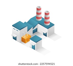 Flaches isometrisches Konzept 3Illustration industrielles Minimalgebäude mit Schornstein 1