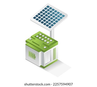 Flat isometric concept 3d illustration solar panel with battery