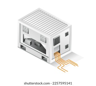 Flaches isometrisches Konzept 3d Illustration von Batteriekasten, in denen Solarzellen mit elektrischer Energie gelagert werden