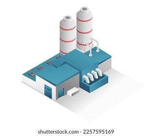 Concepto isométrico plano Ilustración 3d construcción industrial moderna de fábrica minimalista con tubo grande