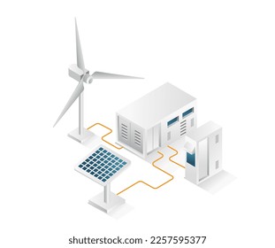 Flat isometric concept 3d illustration of solar panel electric energy storage battery channel