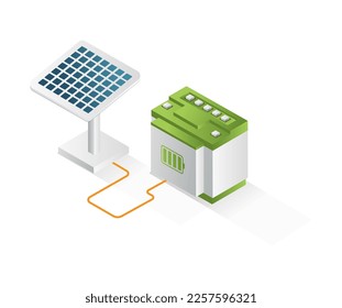 Flaches isometrisches Konzept 3d Illustration des elektrischen Energiespeicherkanals eines Solarpaneels 