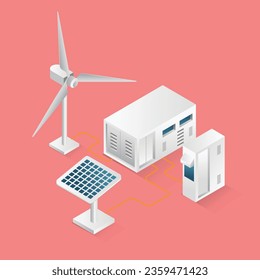 Flat isometric concept 3d illustration of solar panel electric energy storage battery channel