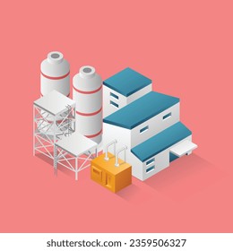 Flat isometric concept 3d illustration factory industrial minimalist building with big gas cylinder