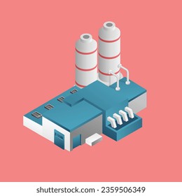 Flat isometric concept 3d illustration modern factory industrial minimalistic building with big tube