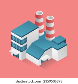 Concepto isométrico plano Ilustración 3d fábrica construcción industrial minimalista con chimenea