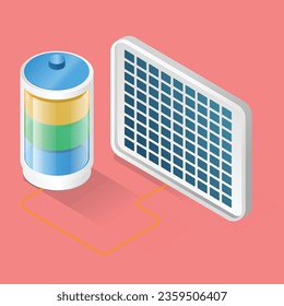 Flat isometric concept 3d illustration eco green energy solar panel battery