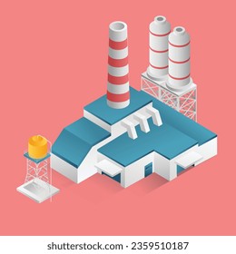 Flat isometric concept 3d illustration minimalistic building modern factory warehouse industry with gas cylinder and chimney