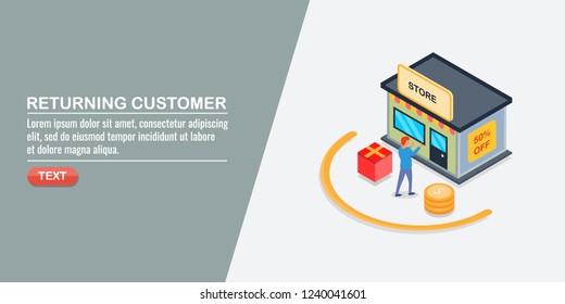 Flat isometric concept of customer returning to the same shop, repeat customers vector banner