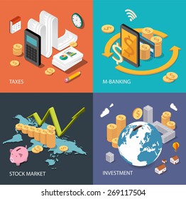 Flat isometric concept for finance, stock market, consulting, investing, crowdfunding, taxes, m-banking, bookkeeping. Can be used for infographics, web design, diagram, banners, promotional materials.