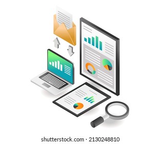 Flat isometric concept illustration. analysis send and receive data