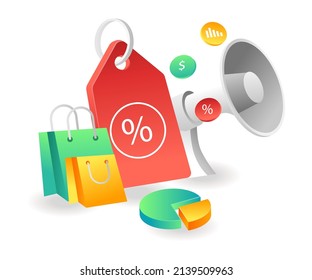 Flat isometric concept illustration. big shopping discount campaign