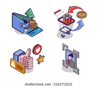 Flat isometric concept illustration. bundle set of e-commerce online shopping icons