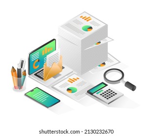 Flat Isometric Concept Illustration. Business Enterprise Data Analysis Paper Stack