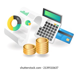 Flat isometric concept illustration. calculate investment business income