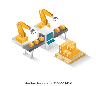 Flat isometric concept illustration. cardboard box packing machine