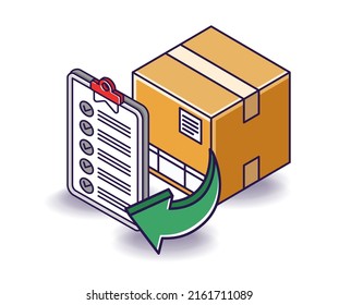 Flat isometric concept illustration. check the data list for the shipping package box