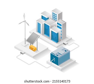 Flat isometric concept illustration. city building with solar energy storage panels