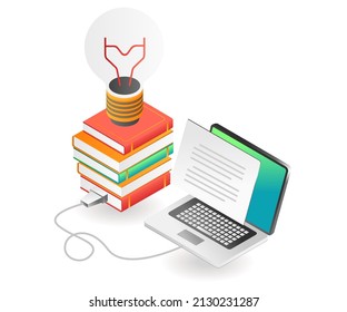 Flat isometric concept illustration. connect information from books to computer