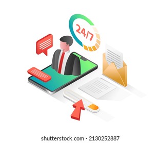 Flat isometric concept illustration. customer service online 24 hours non-stop