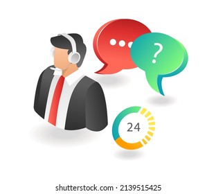 Ilustración de concepto isométrica plana. comunicación de servicio al cliente 24 horas sin interrupciones