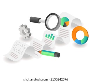 Flat isometric concept illustration. data analysis paper with magnifying glass