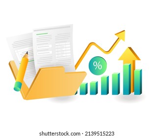 Flat isometric concept illustration. data analysis in investment business folder