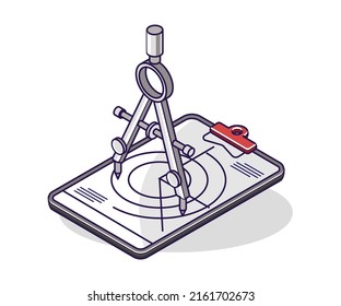 Flat isometric concept illustration. drawing with compass