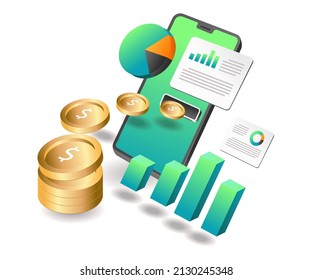 Ilustración de concepto isométrica plana. ganar dinero con la inversión en línea de smartphones