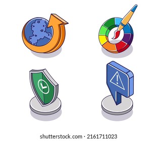Ilustración de concepto isométrica plana. icono terrestre, seguridad, advertencia y creatividad
