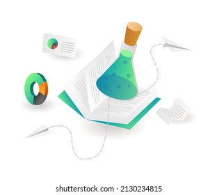 Ilustración de concepto isométrica plana. libro de laboratorio de química experimental