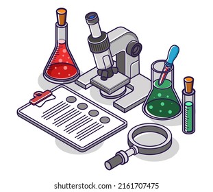 Ilustración de concepto isométrica plana. microscopio de laboratorio experimental y frasco de vidrio