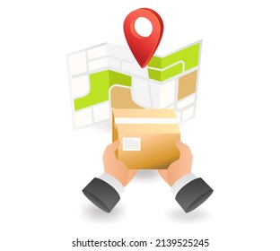 Flat isometric concept illustration. find direction location with map
