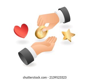 Flat isometric concept illustration. give and receive coins