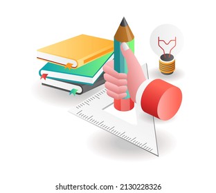 Flat isometric concept illustration. hand holding a pencil on a ruler back to school
